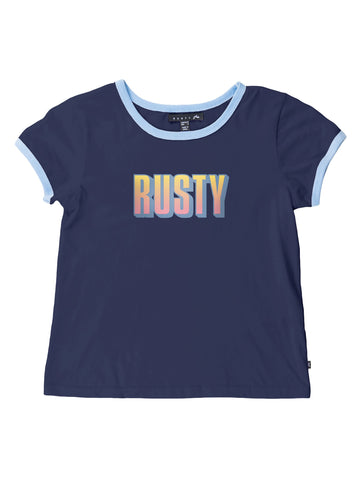 Rusty Shadow Ringer Tee Girls - Navy Blue