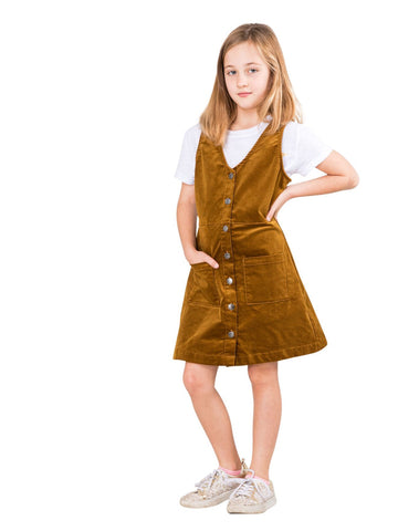 Tell Me Cord Pinafore Dress Girls - Light Camel